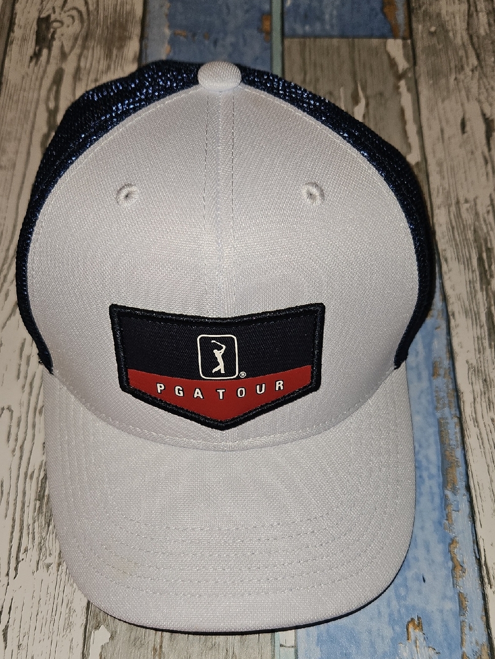 PGA Tour White and Navy Mesh Patch Baseball Cap